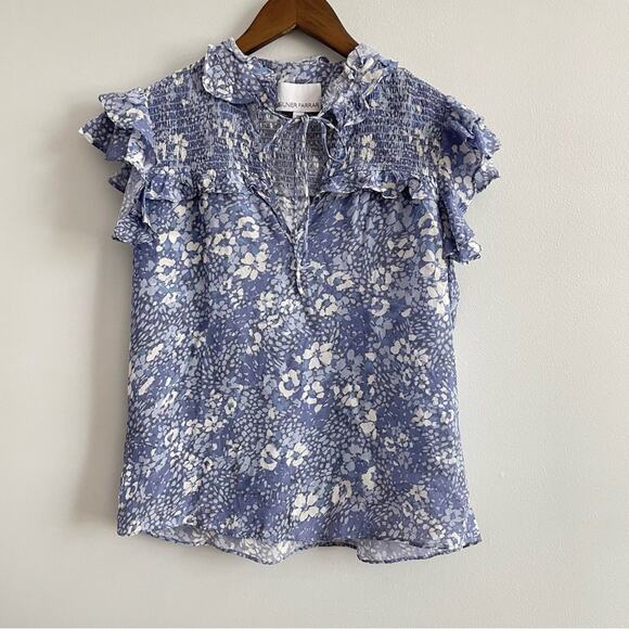 Gilner Farrar | Womens Sienna Top Blouse Blue Meadow Smocked Tie Neck Ruffles XS - Picture 3 of 9